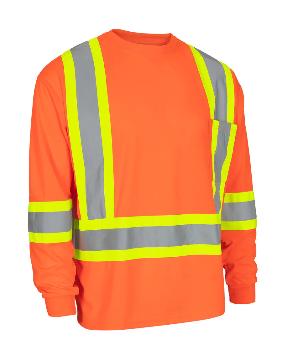 Hi Vis Crew Neck Long Sleeve  Safety Tee with Chest Pocket